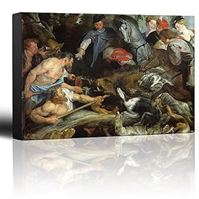 Oil Painting of A Boar Hunt 2" by Peter Paul Rubens - Baroque Style - Horse and Wolf - Catholic, Christianity - Canvas Art Home Art - 12x18 inches