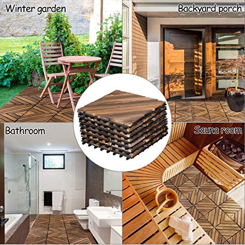 Giantex 11 PCS 12" x 12" Floor Tiles, Interlocking Wood Deck Tiles, Patio Pavers, Indoor and Outdoor Flooring Decking Tiles, Diagonal Pattern, Brown (1)