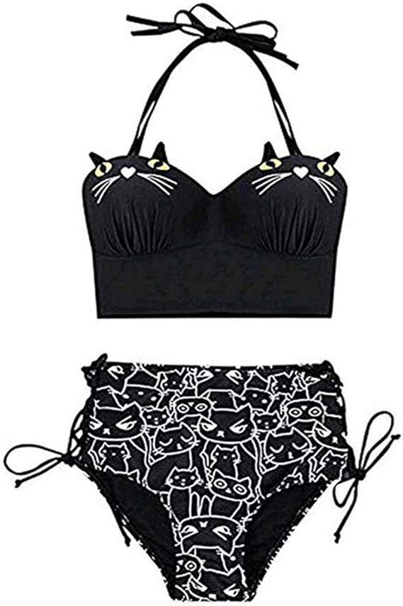 Girls Halter Kitty Cat Embroidered Print Bikini Set Bathing