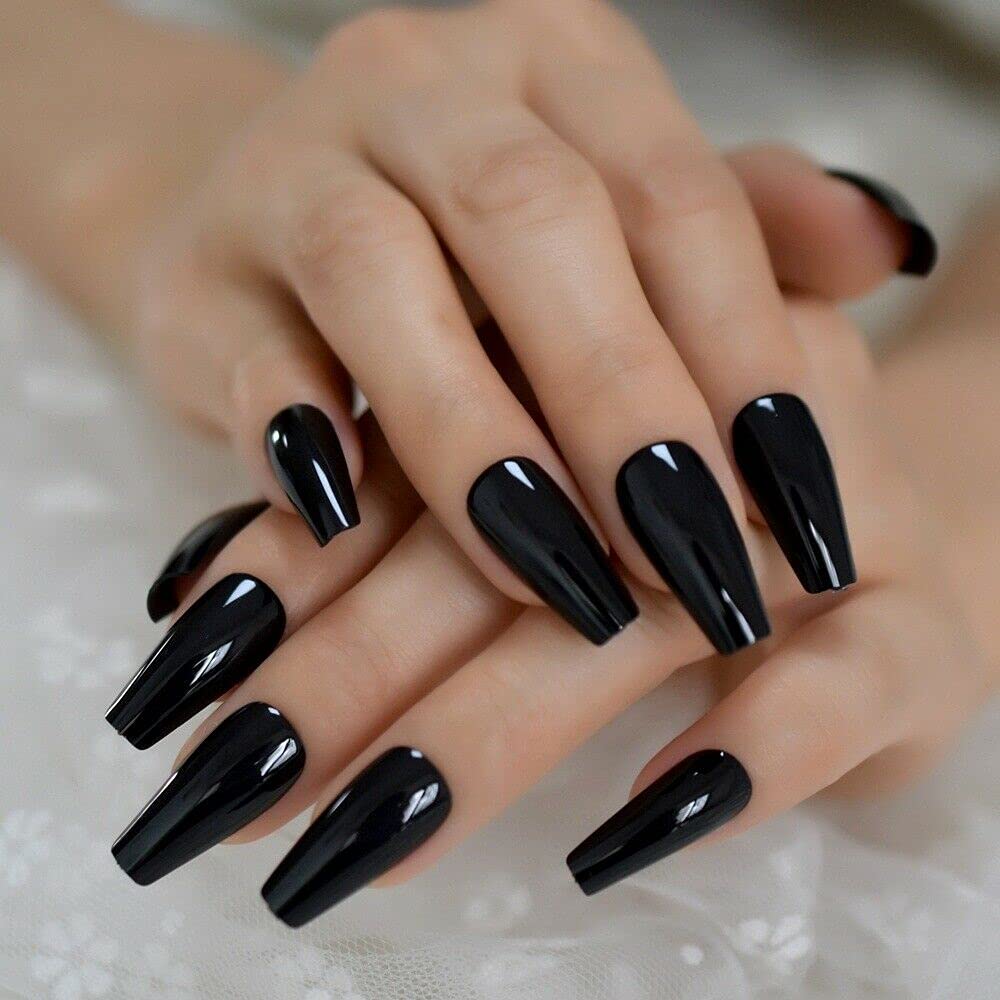 A N K 24 pieces Long Coffin Bellarine Tapered full coverage glossy false Nails, Fake Arcylic press on nails hand manicure for women and girls (black)