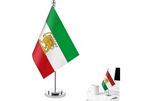 Persian Lion and Sun Desk Flag - Iran Historical Table Flag, 30cm (11.8") Polyester Desk Decor with Sturdy Stand, Green White