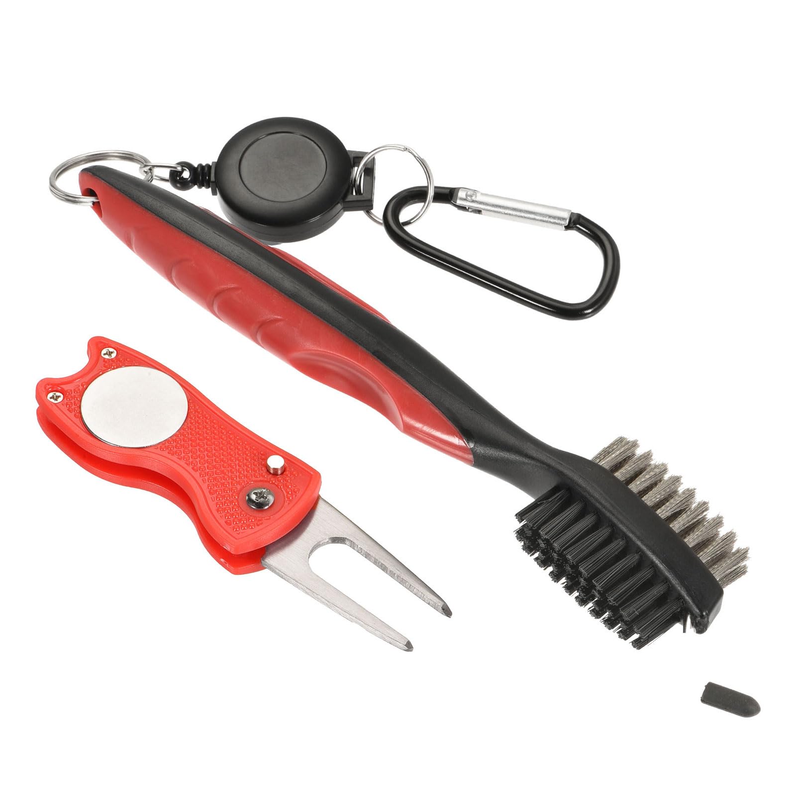 M METERXITY Golf Club Brush Kit- Golf Club Groove Cleaner Zip-line Dual Sided Bristle Cleaning Tools with Clip Divot Fork, Retractable, Apply to Outdoor (Red)