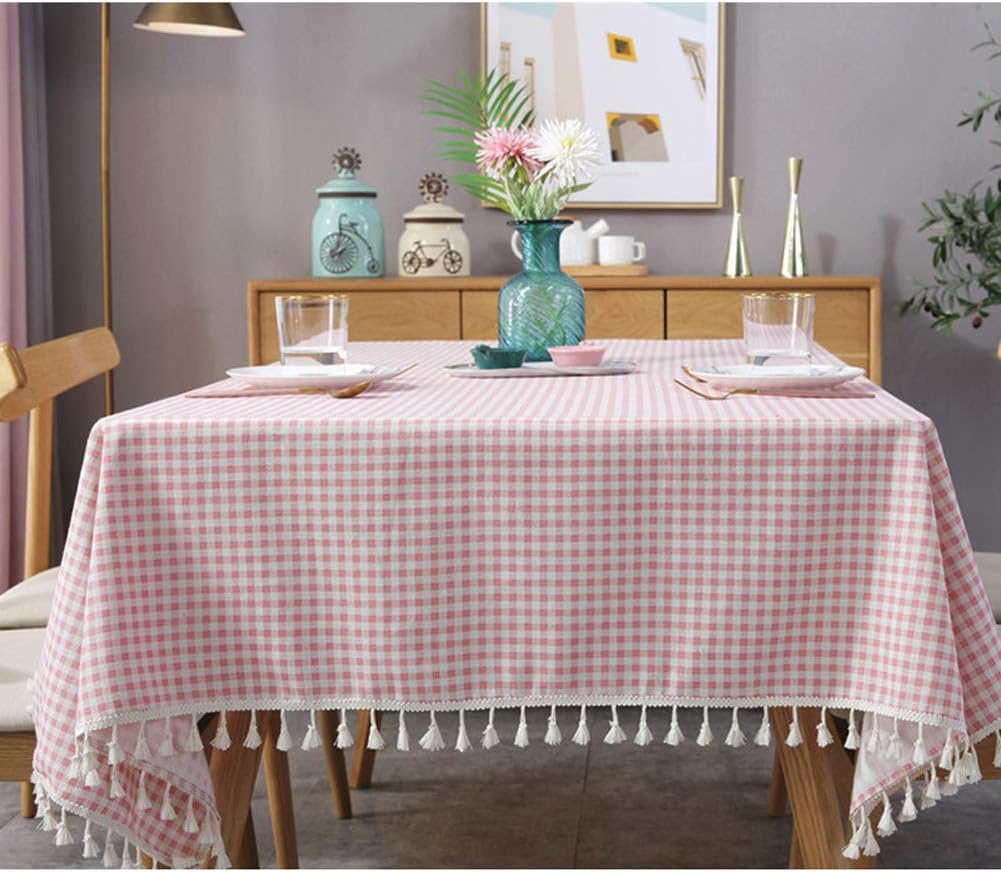 AMZALI Vintage Gingham Checkered Plaid Tablecloth with Tassel Table Cover Cotton Linen Tablecloths for Dinner Party Indoor or Outdoor Use (Rectangle/Oblong, 55 x 98 Inch)