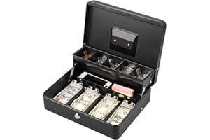 LIANTRAL Cash Box, Large Size Money Box with Lock and 5 Compartment Tray, 4 Spring-Loaded Clips for Bill(11.8" x 9.5" x 3.5"), Black