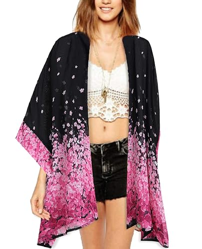 Finoceans Women's Chiffon Kimono Cardigan - Banana Leaf Print, Batwing Sleeves, Large