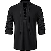 AOTORR Men's Long Sleeve Shirts Retro Style Lace up Medieval Hippie Viking Cosplay Pirate Top Renaissance Costume