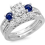Dazzlingrock Collection 18K Gold Round Blue Sapphire & White Diamond Ladies Bridal 3 Stone Engagement Ring Set