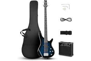 Ktaxon Electric Bass Guitar 4 String Bass Guitar with 20 Watt Amplifier, PJ Type Pickup, Naturally air-dried Maple Neck, Rosewood Fretboard, Basswood Body(Blue)