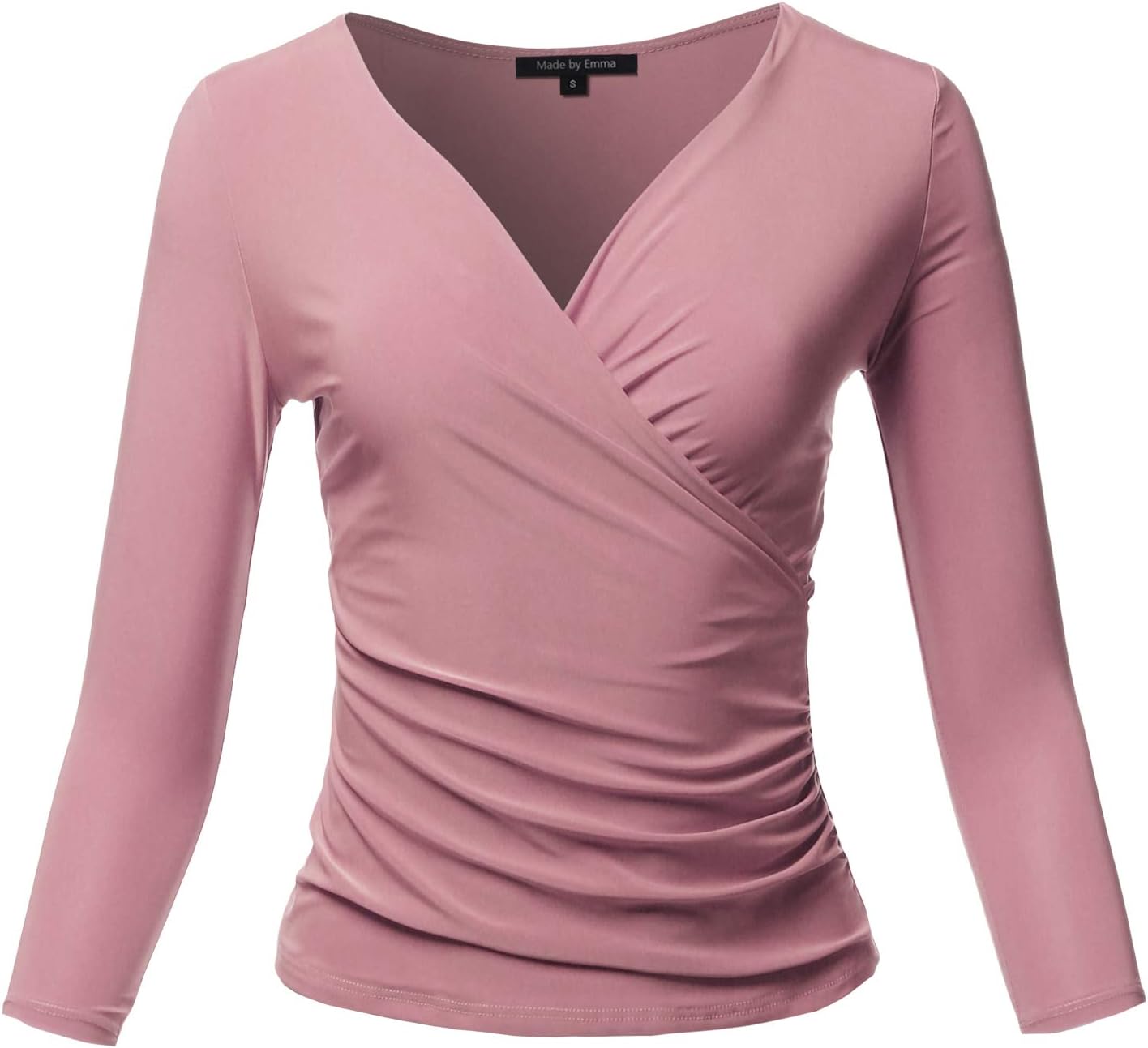 Women's Casual V Neck 3/4 Sleeve Cross Wrap Sexy Ruched Shirt Top