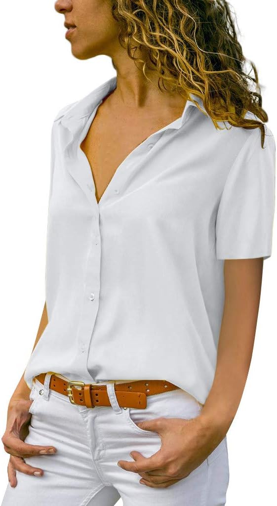 Women Blouses Short Sleeve Chiffon Causal Solid Fashion Plus Size Button Tshirt Sale Slim Fit Cool Summer Elegant Tops
