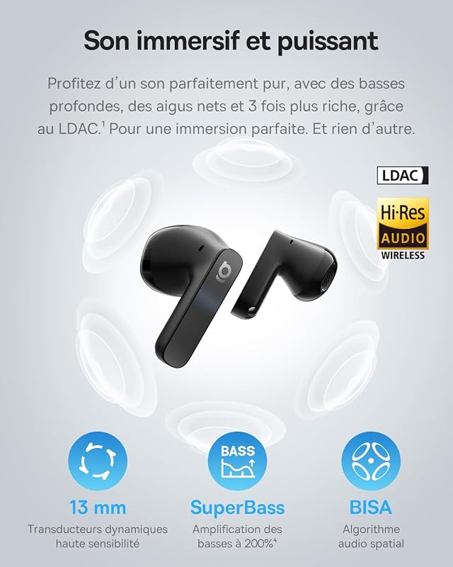 BS1 NC Écouteurs Bluetooth sans Fil Semi-in-Ear, Ecouteurs San Fil avec Réducteur de Bruit Actif, Hi-Res, Driver 13 mm, 6-Mic AI pour Appels Clairs, IP55, Autonomie de 40 Heures, Bluetooth 6.0