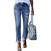 Sidefeel Women's Ripped Jeans Straight Leg Loose Distressed Boyfriend Zimbaplatinum Denim Pants
