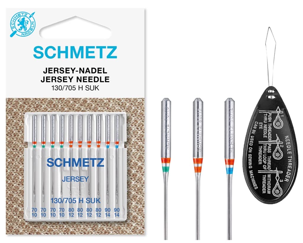 Sewing Machine Needles Schmetz - Jersey (Ball Point), Pack of 10, Assorted Sizes 70/10, 80/12 & 90/14 (Single Packet) Includes Large Schmetz Needle Threader