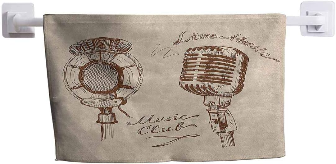 DayDayFun Printed Towel Music Wash Clothes for Face Old Fashioned Doodles with Waves and Vintage Microphone Print Retro Style Boho Print 14" x 14" Brown Ecru