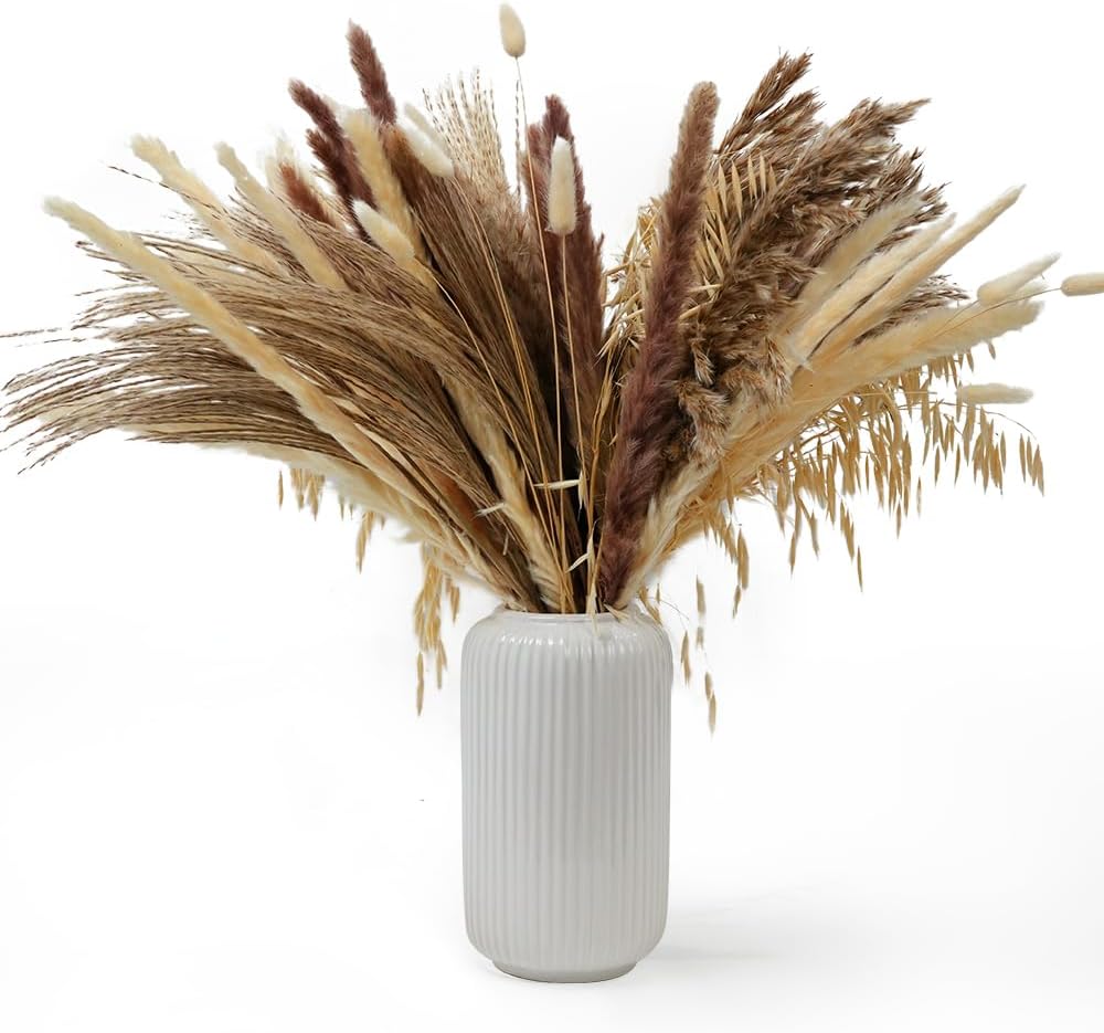 Dried & Preserved Flora - 101 PCS Natural Dried Pampas Grass, 17inch Boho Flower Bouquet, Fall Decoration for Home,Farmhouse décor for Wedding,Office,Living Room, Enough for 2 vase
