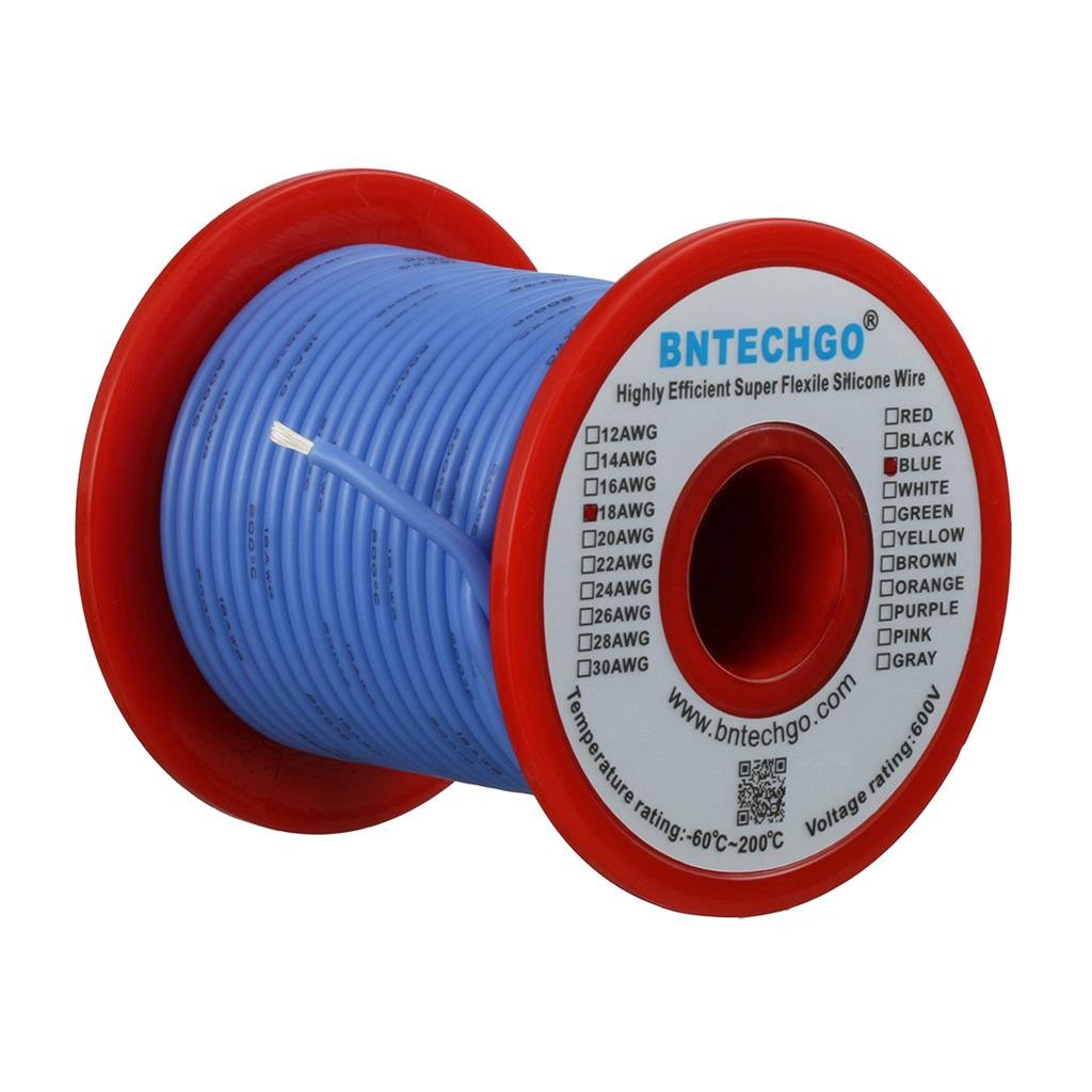 BNTECHGO 18 Gauge Silicone Wire Spool Blue 100 ft Ultra Flexible High Temp 200 deg C 600V 18 AWG Silicone Rubber Wire 150 Strands of Tinned Copper Wire Stranded Wire for Model Low Impedance