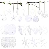 30 Pieces Resin Starfish Seahorse Sanddollar Conch & Seashells Set with Rope for Christmas Tree Hanging Ornaments Beach Theme Wedding Home Decor & DIY Crafts (White)