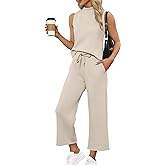 SAMPEEL Two Piece Sets for Women Summer Outfits Lounge Sets Mock Neck Tops Wide Leg Crop Pants Vacation Travel Outfits