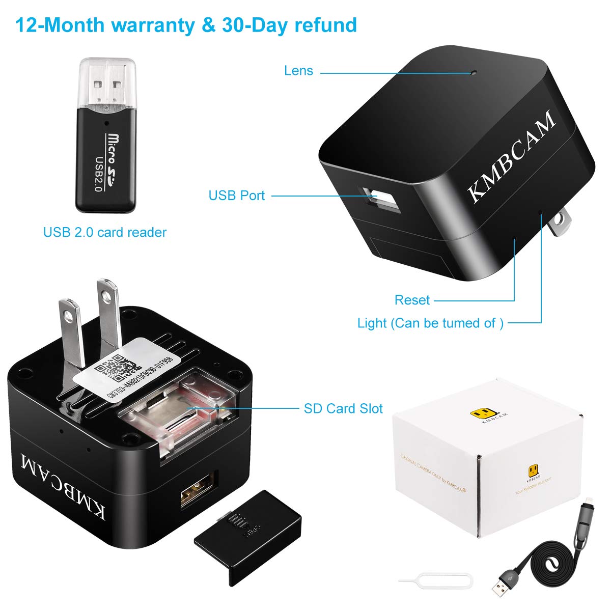 KMBCAM Spy Hidden Camera Wireless Home Charger Cam with App 1080P Nanny Cam No Audio Night Vision Motion Activated for Pet Security Cam Support 129G SD