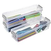 BTSKY Long Plastic Stackable Boxes Home, Office Supplies Storage Organizer Pencil Box Plastic Organizer Holder for Gel Pens Erasers Tape Pens Pencils Markers etc- 3 Pack - Clear with Grey Clip