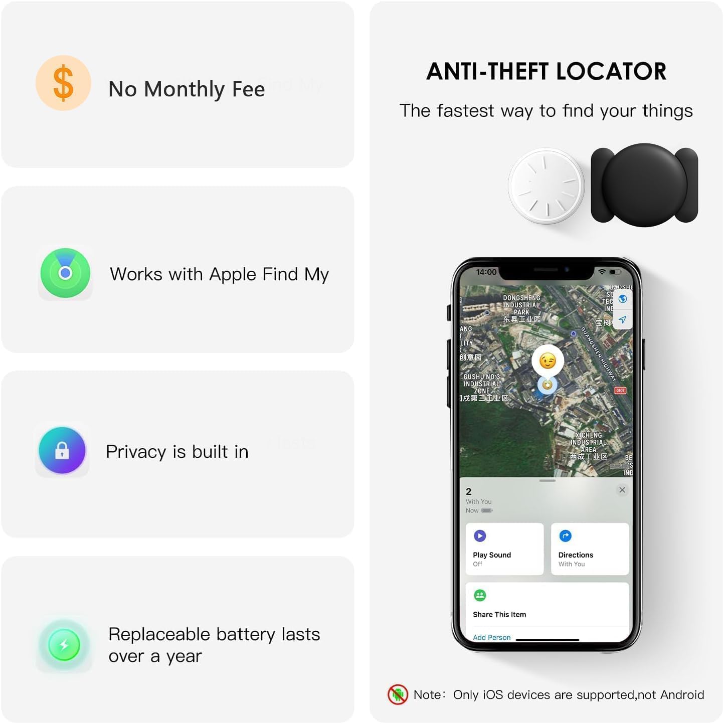 Mini GPS Tracker for Vehicles,Car GPS Tracker Work with Apple Find My(iOS Only),Full Global Coverage Location Tracker for Finding Vehicles/Person/Pets/Items,No Subscription Required (Black,2PCS)