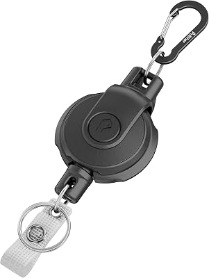 Einziehbarer Schlüsselanhänger - 360° Drehbar, Dauerhaft Ausziehbarer Karabiner-Ausweishalter, Taktische ID-Ausweisrolle mit Ausziehbar, 80cm/31,5 Zoll-Stahlschnur, 250g/8,8 oz - Schwarz