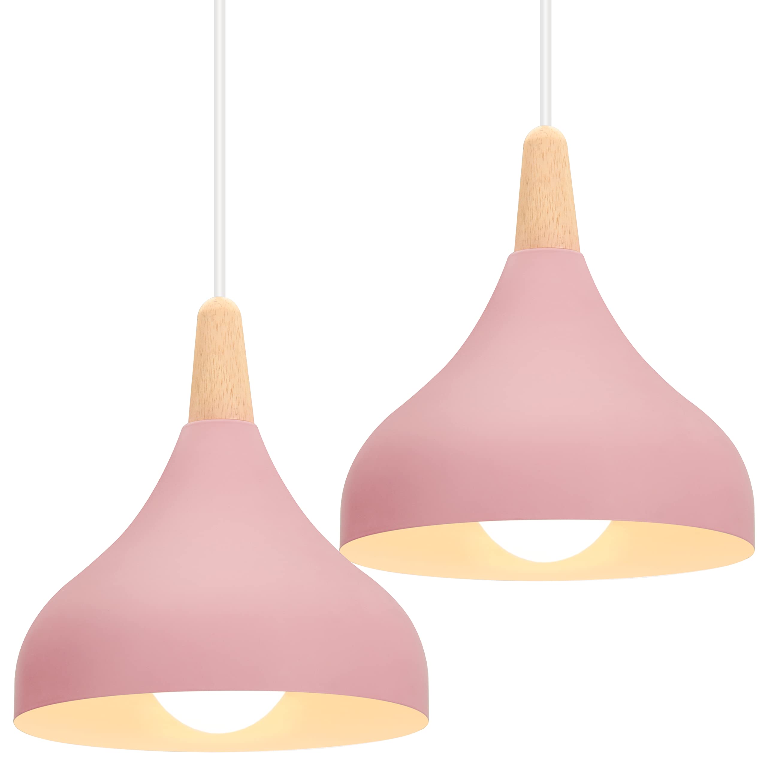 iDEGU Set of 2 Retro Pendant Ceiling Lights Modern Drop Style Hat Lampshade E27 Ceiling Light Retro Light Fixture in Metal Wood Pendant Lamp for Bedroom, Dining Room, Kitchen, Φ 20 cm (Pink) — image 1