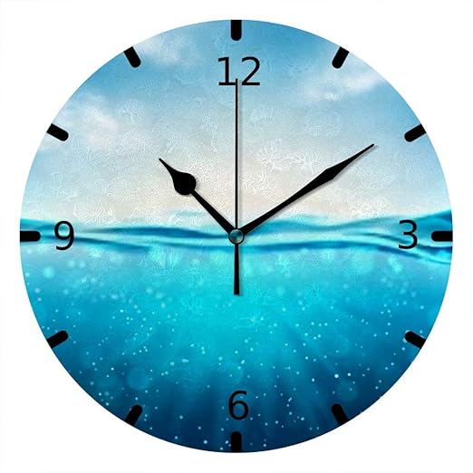 Amazon Com Zhongji Wall Clock Round Pvc Glowing Waves Seawater Blue Sky Silent Non Ticking Battery Drive Home Decor Accessories Modern Style Office Bedroom Living Room Home Kitchen