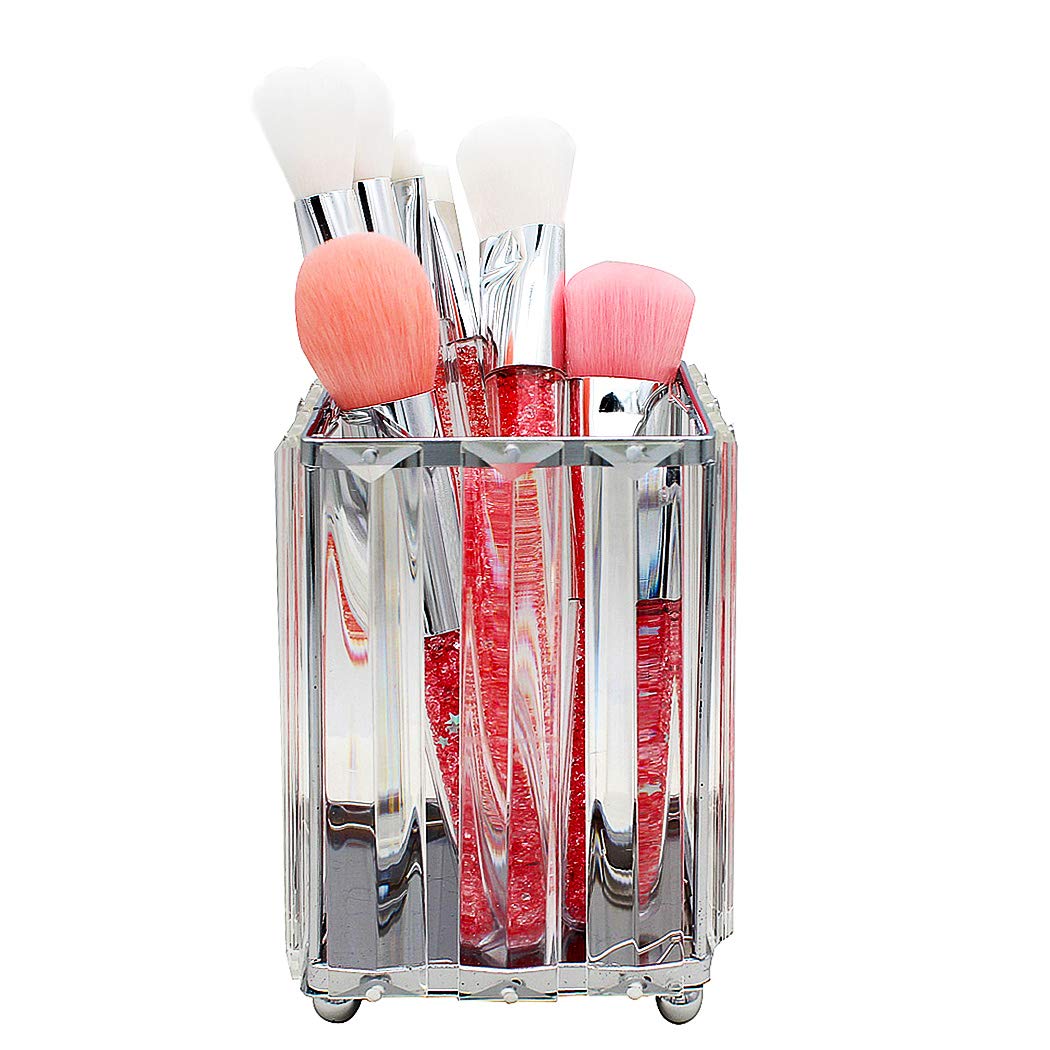 SIPLIV Crystal Makeup Brush Holders Pen Holder Cosmetic Storage Holder Beauty Brush Holder Office Desk Organizer - Square, Silver
