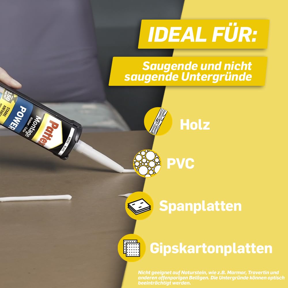 Pattex Montagekleber Power, Baukleber mit starker Anfangshaftung, Kraftkleber für saugende Materialien, Kleber für innen & außen, 1 x 370g 6