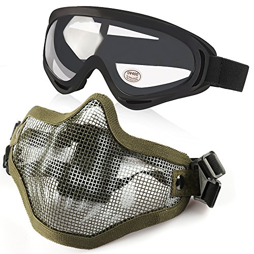 Vanmor Airsoft Mask Half Face Mesh Mask with UV400 Goggles for Hunting Shooting Paintball (Jungle Mask Set)