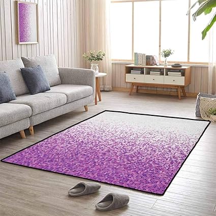 Amazon マゼンタ プレイマット ラグ コンピューターアート スタイル タイル モザイク正方形 複雑なピクセルパーティー ミックス アーティスティックコンセプト 子供 寝室 ラグ 3フィートx5インチ パープル ホワイト ラグ カーペット