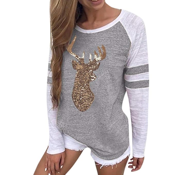OverDose Damen Tuniken Pullover Festival Weihnachten Frauen Rentier Blusen T-Shirt Xmas Party Clubbing Schlank Langarmshirts