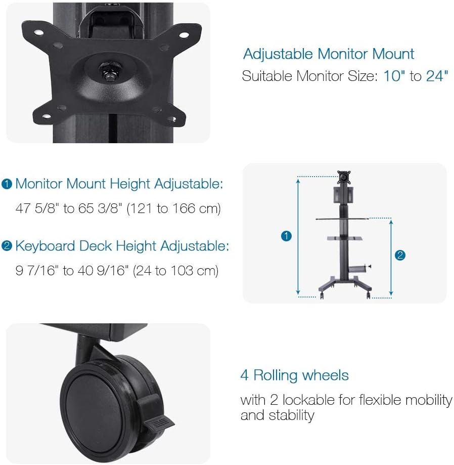 AW Adjustable Rolling PC Mobile Cart 25x22x69" Monitor Mount Printer Deck Aluminum Computer Desk Sit Stand Workstation Black : Office Products