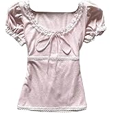 Coquette Cute Lace Trim Top Y2k Baby Tee Summer Short Sleeve V Neck Shirts 2000s Mcbling Vintage Fairy Grunge Top