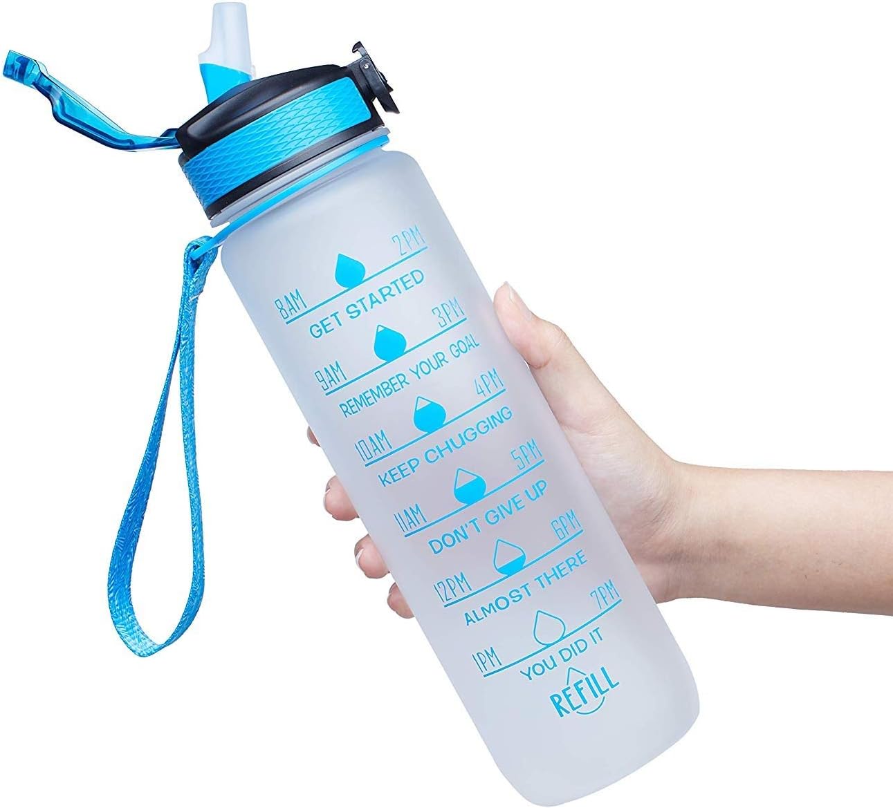 Giotto 32oz Large Leakproof BPA Free Drinking Water Bottle with Time Marker & Straw to Ensure You Drink Enough Water Throughout The Day for Fitness and Outdoor Enthusiasts-White-Blue