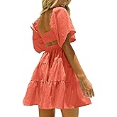 OWNGIGI Women's Summer Dresses Square Neck Short Sleeve Cutout Crossover Elastic Waist Casual Party A-Line Mini Dress