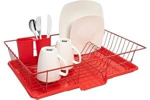 Sweet Home Collection 3 Piece Dish Drainer Rack Set with Drying Board and Utensil Holder, 12" x 19" x 5", Red