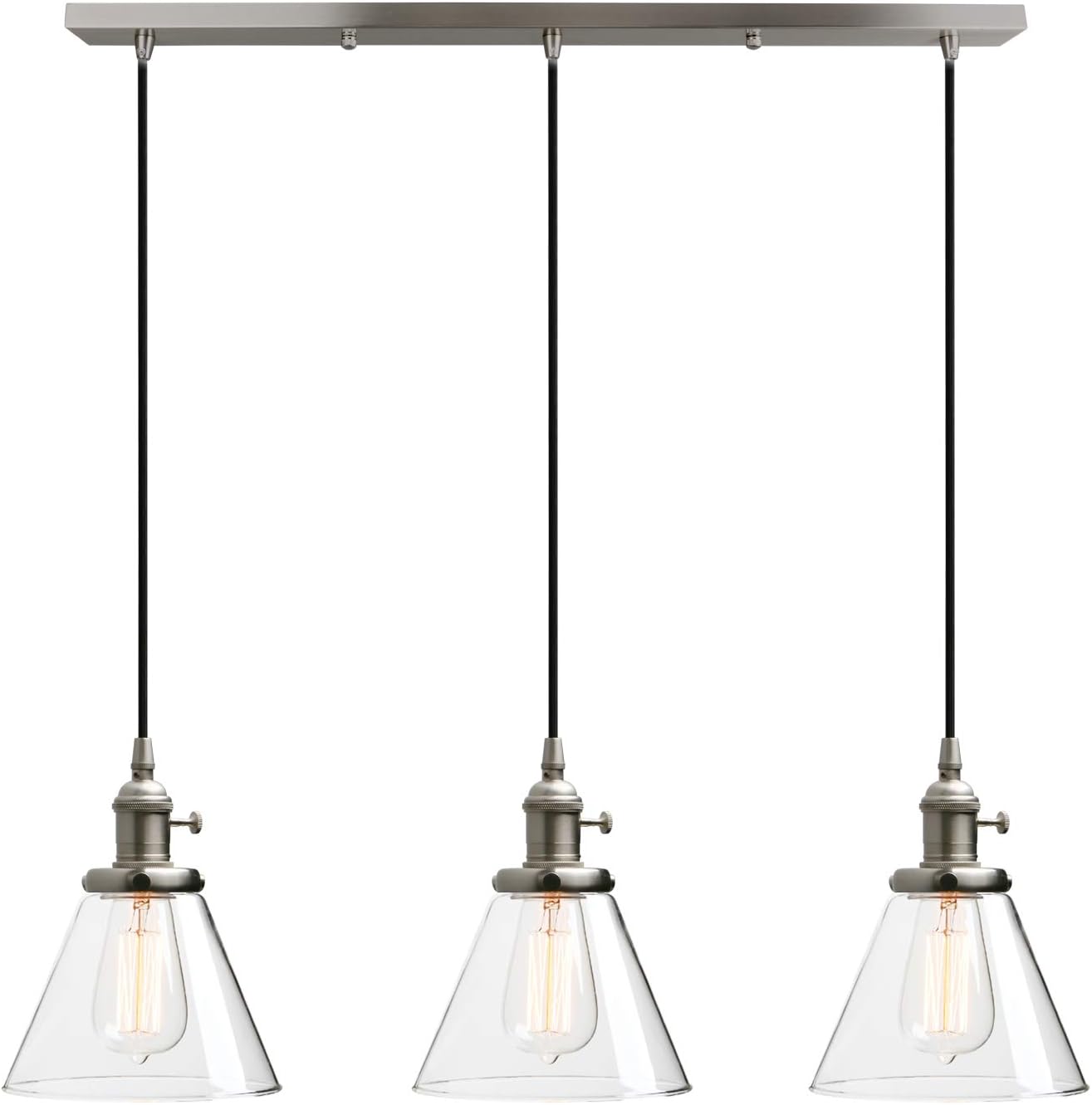 Phansthy Industrial Pendant Light Fitting with Switch, 3 Light Hanging Lamp with Clear Glass Shade