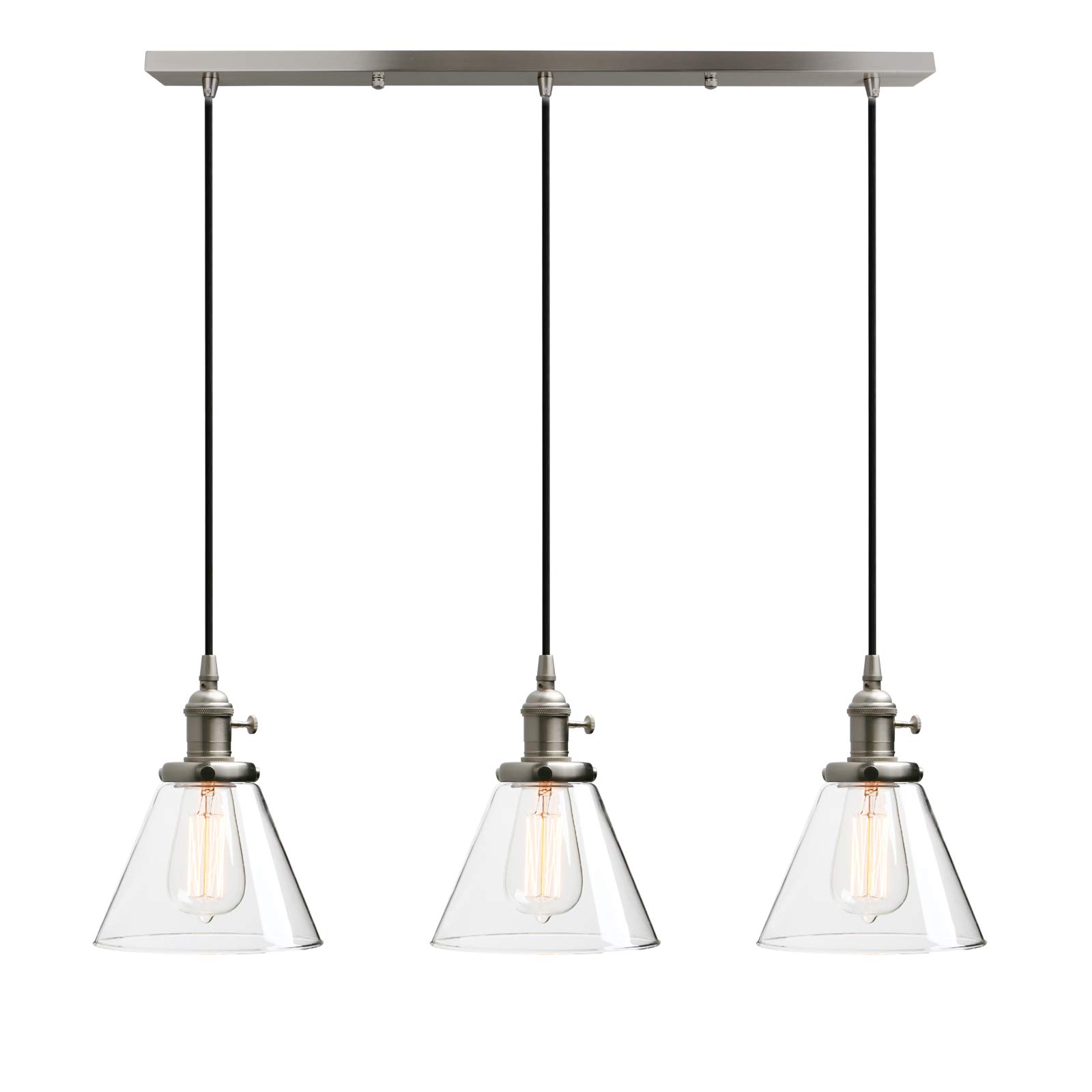 Phansthy Industrial Pendant Light Fitting with Switch, 3 Light Hanging Lamp with Clear Glass Shade, 3 Ways Ceiling Chandelier for Kitchen Dining Room Living Room (Brushed)