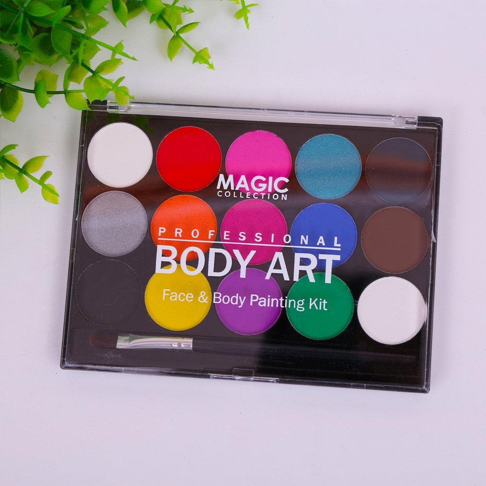 Face Body Paints Kits Kids Hypoallergenic Make Up Palette-Safe & Non-Toxic, Ideal for Halloween Party Face Painting - Easy to Wear and Remove-15 Colors with Two Fine Brush
