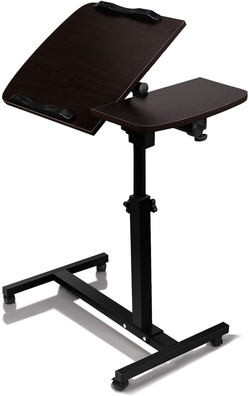 US Fast Shipment Quaanti Rolling Adjustable Laptop Cart,Adjustable Turnlift Sit-Stand Mobile Laptop Desk Cart with Side Table,Bedside Table Rolling Laptop Stand Overbed Desk with Wheels (BW)