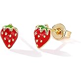Drogomen Cute Strawberry Earrings, 14K Gold Plated Small Stud Earrings for Women Fun Fruit Earrings Strawberry Jewelry Halloween Christmas Birthday Gifts