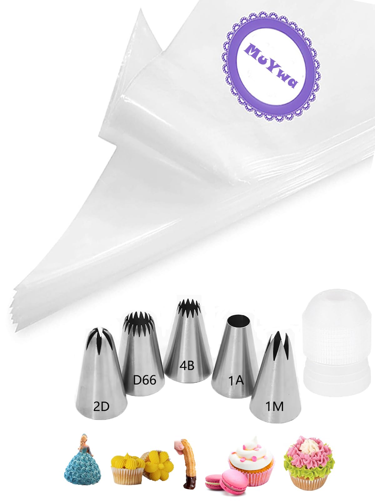 1M 2D 1A 4B D66 Piping Nozzles and Bags with Coupler,5 Large Piping Tips Set for Rose,Macarons,Churros,Eclairs,20 Disposable Piping Bags for Frosting,1 Large Coupler