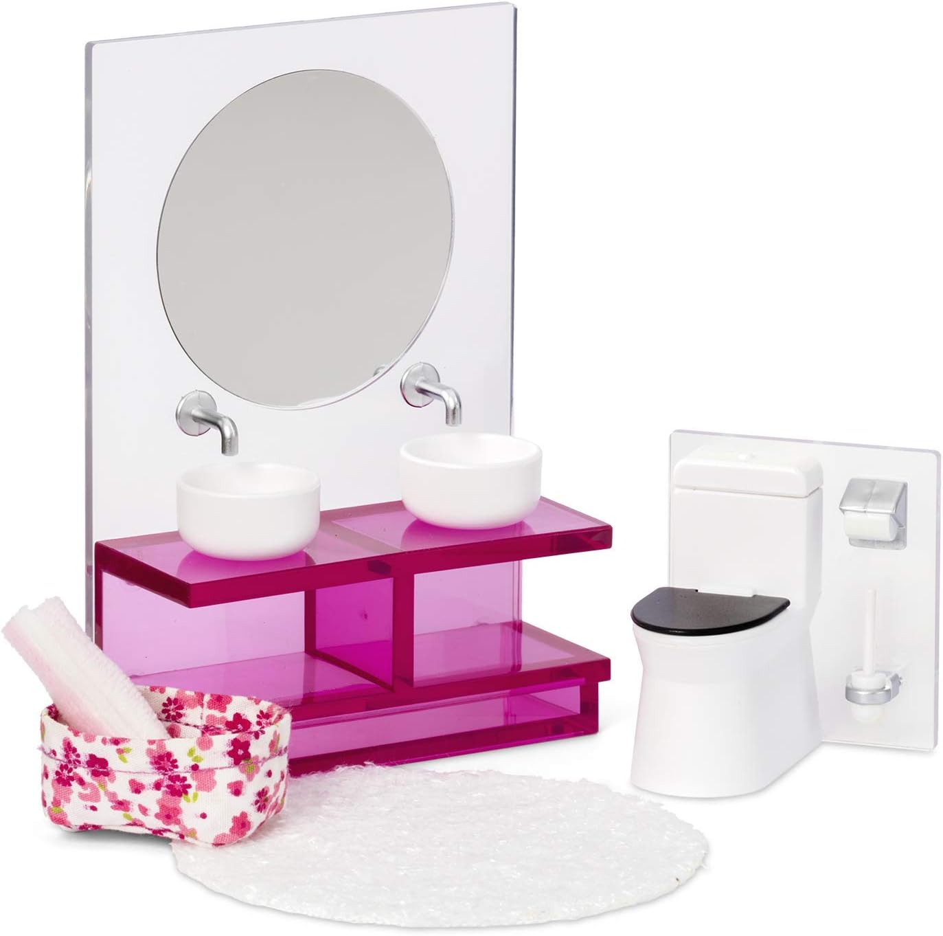 LUNDBY Dolls House Furniture Bathroom Set, Mirror Vanity Unit with 2 Sinks + Toilet, Doll House Accessories
