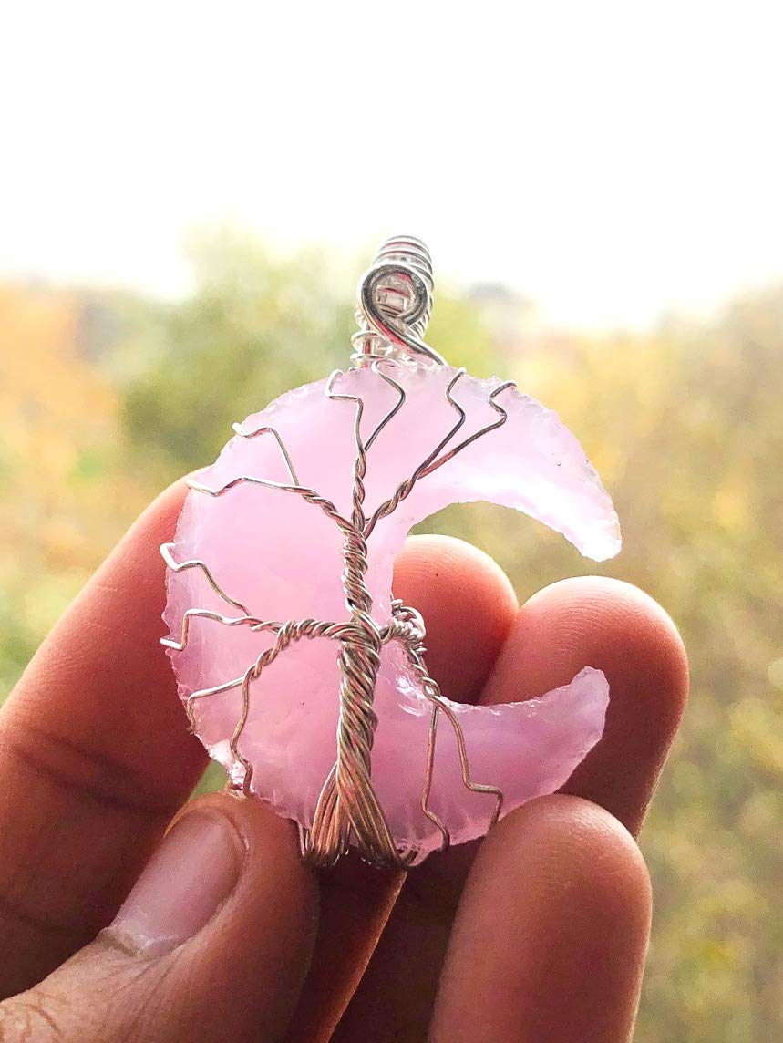CRYSTALMIRACLE Pink Opalite Cresent moon stone pendant wire wrapped healing wellness positive energy fashion gift peace meditation handcrafted accessory