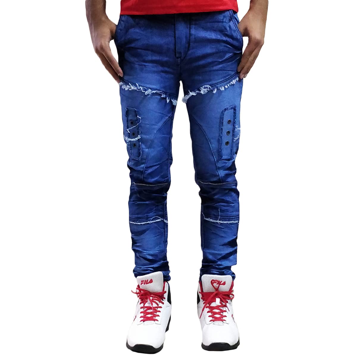 Buy TNJ Mens Slim Fit Blue Denim D90 Funky Jeans (28, Blue) at Amazon.in