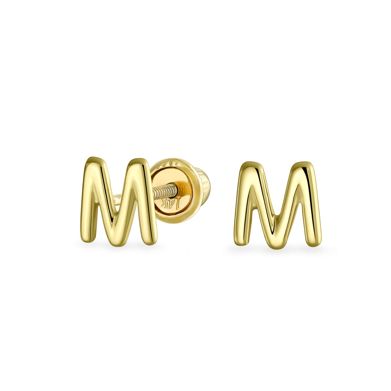 ABC Minimalist Real Yellow 14K Gold Capital Block Alphabet Letter Initial M Stud Earrings Safety Ball Screw Back For Teen For Women — image 1
