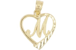 Ice on Fire Jewelry 10k Solid Gold Initial Pendant in Heart Frame with Diamond Cut Finish, Available in Different Letters of Alphabet Personalized Charm for Women (M)
