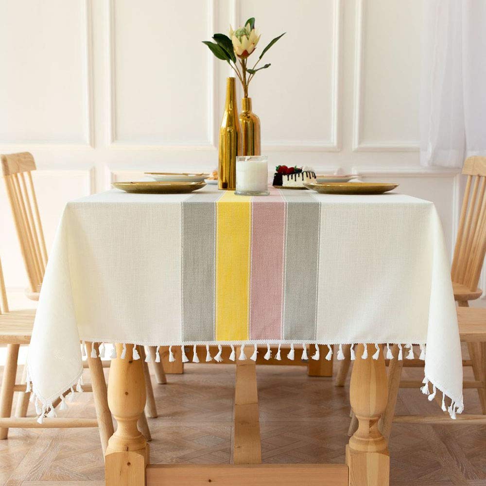 Deggodech Elegant Stitching Tassel Tablecloth Rectangular Cotton Linen Table Cloth Rectangule Beige Dustproof Table Cover Washable for Kitchen Dinning Table Decoration (Beige, 140 * 260cm/55"*102")